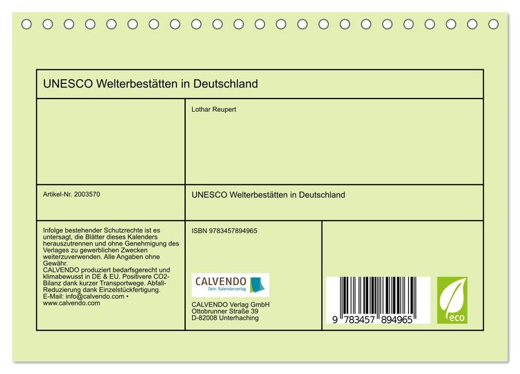 Produktbild: UNESCO Welterbest&auml;tten in Deutschland (Tischkalender 2026 DIN A5 quer), CALVENDO Monatskalender