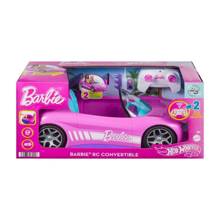 Produktbild: Ferngesteuertes Hot Wheels Barbie Cabrio, Spielzeugauto mit batteriebetriebener Fernbedienung, Platz für 2 Barbie-Puppen