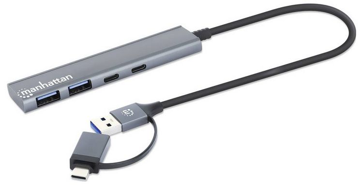 Produktbild: Manhattan 181075 USB-Hub 2+2 Port USB-A, USB-C&reg; USB 3.0 5 GBit/s mit Aluminiumgeh&auml;use, mit USB-C&reg; Stecker Spacegrau 181075