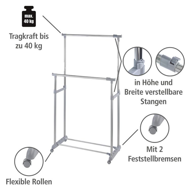 Produktbild: Kleiderst&auml;nder Mod. Twin Bars, h&ouml;henverstellbar, 4 Rollen