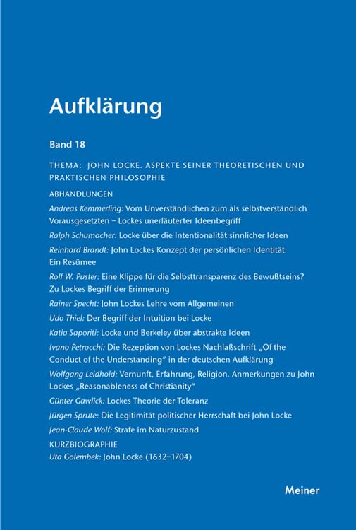 Produktbild: Aufkl&auml;rung, Band 18: John Locke. Aspekte seiner theoretischen und praktischen Philosophie