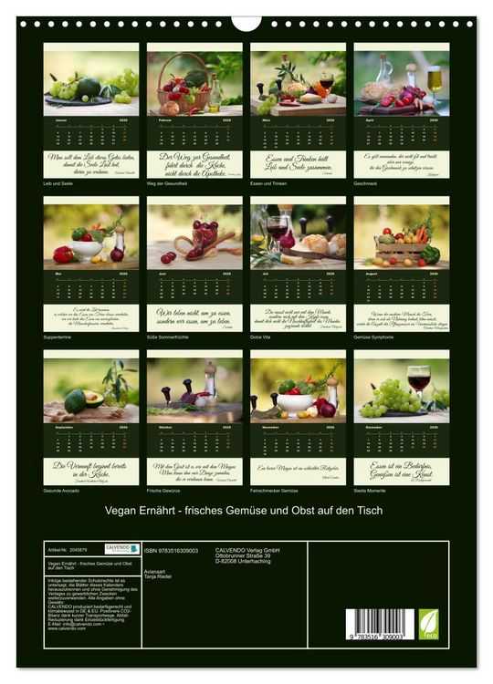 Produktbild: Vegan Ern&auml;hrt - frisches Gem&uuml;se und Obst auf den Tisch (Wandkalender 2026 DIN A3 hoch), CALVENDO Monatskalender