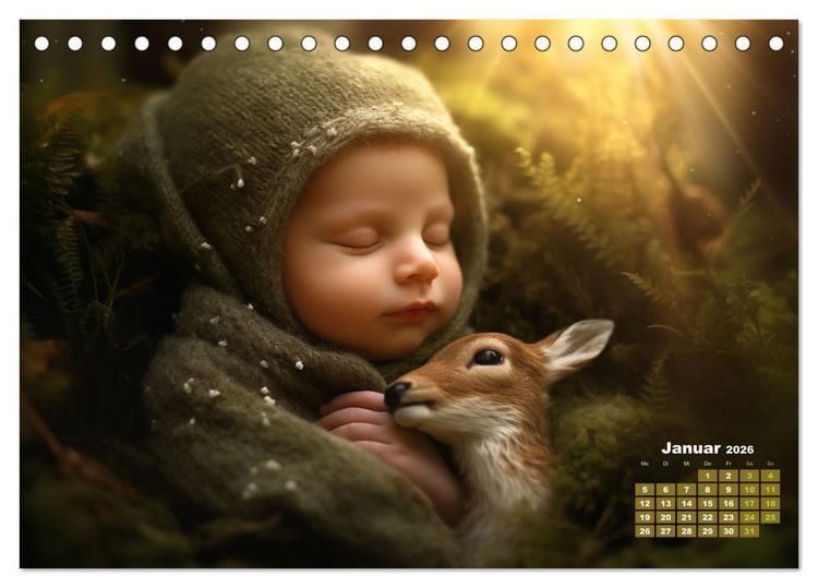 Produktbild: Kleine Schlummerparade: Babys und ihre kuscheligen Tierfreunde (Tischkalender 2026 DIN A5 quer), CALVENDO Monatskalender