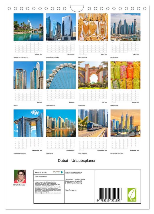 Produktbild: Dubai - Urlaubsplaner (Wandkalender 2026 DIN A4 hoch), CALVENDO Monatskalender