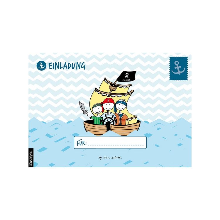 Produktbild: 12 Einladungskarten Geburtstag Junge (Piraten). Handgemachte Geburtstag Einladungskarten zum Kindergeburtstag incl. 12 liebevollen Hand designten Briefumschl&auml;gen. Verpackt in einer wundervollen hochwertigen Karton Box. By Lisa Wirth