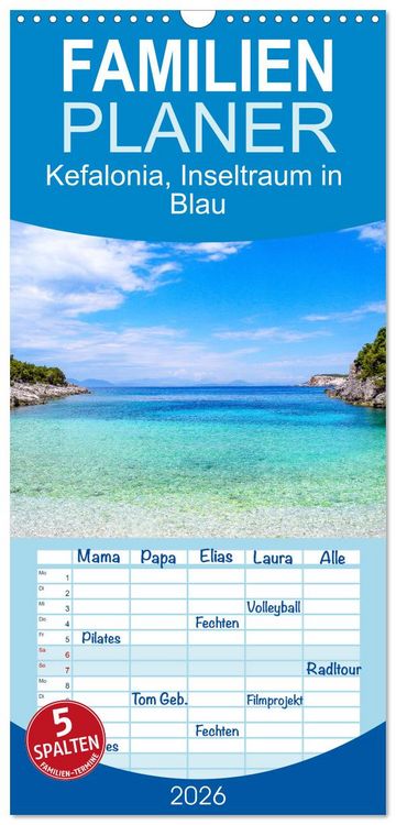 Produktbild: Familienplaner 2026 - Kefalonia, Inseltraum in Blau mit 5 Spalten (Wandkalender, 21 x 45 cm) CALVENDO