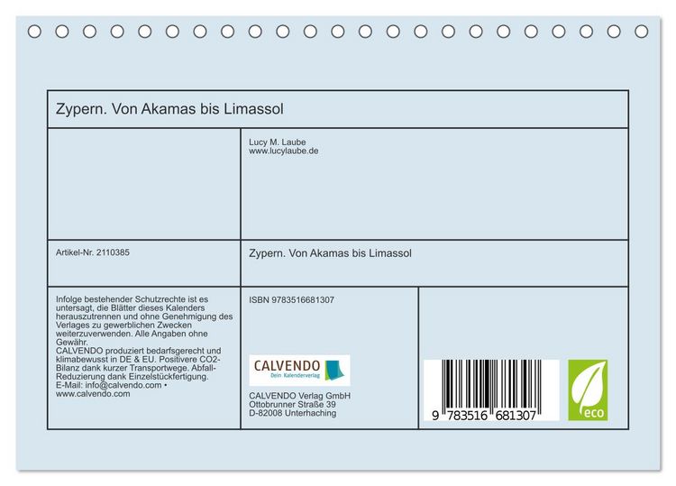 Produktbild: Zypern. Von Akamas bis Limassol (Tischkalender 2026 DIN A5 quer), CALVENDO Monatskalender