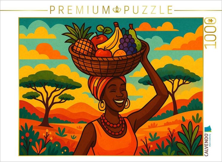 Produktbild: CALVENDO Puzzle Frau mit Fr&uuml;chtekorb - Sonne, Stolz und Lebensfreude - Ein Motiv aus dem Kalender AFRIKA VIBES | 1000 Teile Lege-Gr&ouml;&szlig;e 64x48cm Foto-Pu