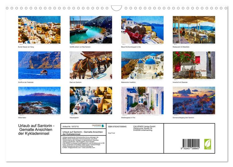 Produktbild: Urlaub auf Santorin - Gemalte Ansichten der Kykladeninsel (Wandkalender 2026 DIN A3 quer), CALVENDO Monatskalender
