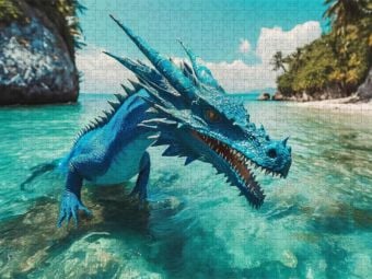 Produktbild: CALVENDO Puzzle Ein blauer Wasserdrachen durchstreift sein Inselreich | 1000 Teile Lege-Gr&ouml;&szlig;e 64x48cm Foto-Puzzle f&uuml;r gl&uuml;ckliche Stunden