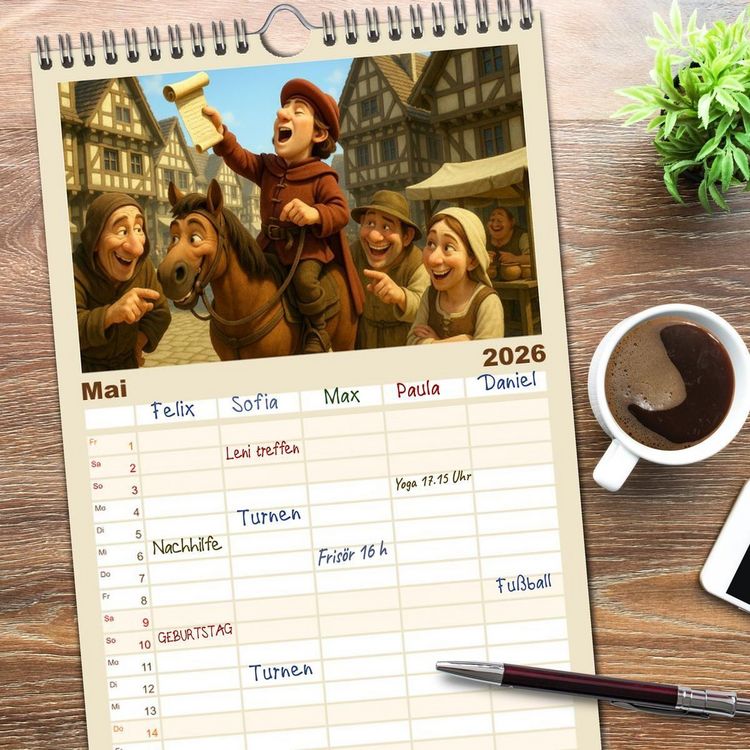 Produktbild: Familienplaner 2026 - Im Mittelalter handgemacht mit 5 Spalten (Wandkalender, 21 x 45 cm) CALVENDO