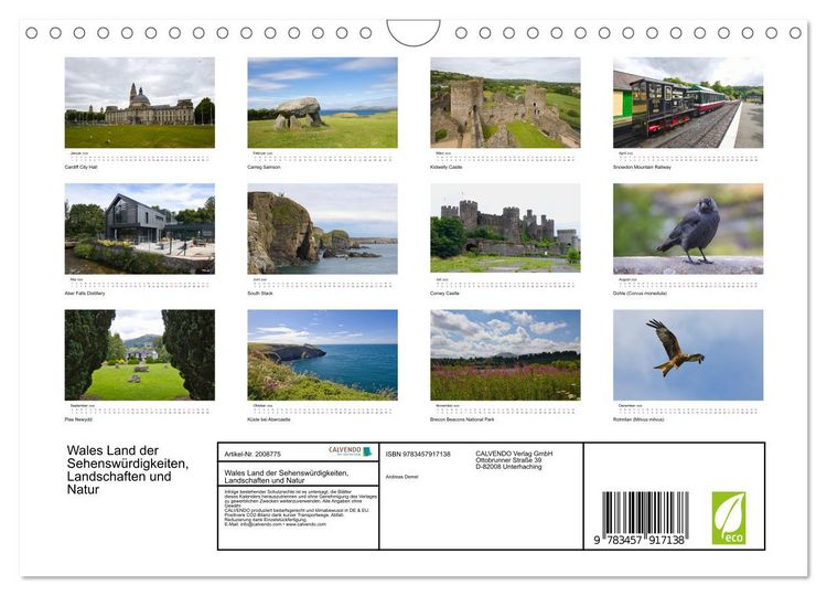 Produktbild: Wales Land der Sehensw&uuml;rdigkeiten, Landschaften und Natur (Wandkalender 2026 DIN A4 quer), CALVENDO Monatskalender