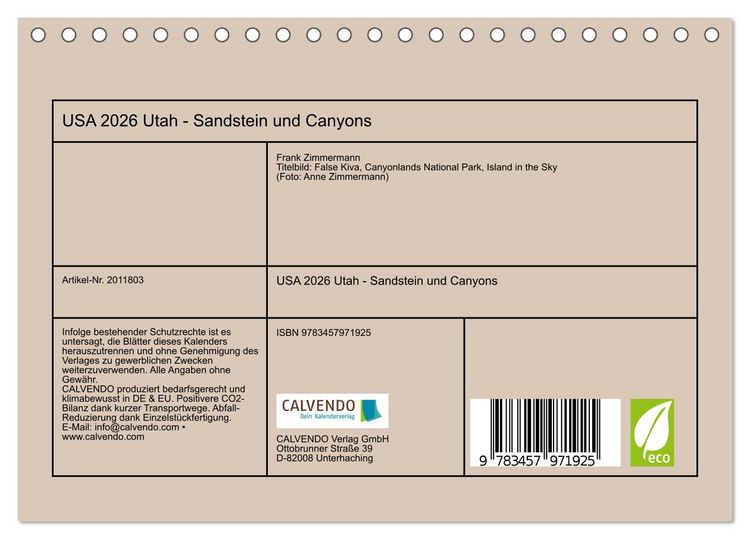 Produktbild: USA 2026 Utah - Sandstein und Canyons (Tischkalender 2026 DIN A5 quer), CALVENDO Monatskalender