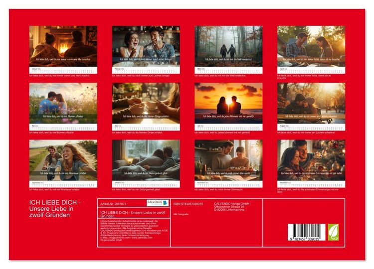 Produktbild: ICH LIEBE DICH - Unsere Liebe in zw&ouml;lf Gr&uuml;nden (Wandkalender 2026 DIN A3 quer), CALVENDO Monatskalender