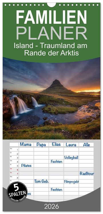 Produktbild: Familienplaner 2026 - Island - Traumland am Rande der Arktis mit 5 Spalten (Wandkalender, 21 x 45 cm) CALVENDO