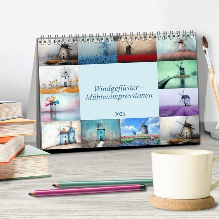 Produktbild: Windgefl&uuml;ster-M&uuml;hlenimpressionen (Tischkalender 2026 DIN A5 quer), CALVENDO Monatskalender