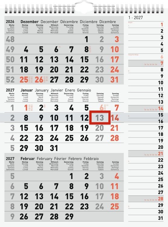 Produktbild: rido/id&eacute; 7033330007 3-Monatskalender 2027 grau, 300&times;390 mm