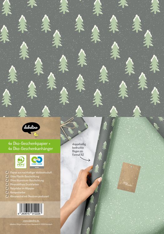 Produktbild: Geschenkpapier Set Weihnachten: Tannenbaum mit Schnee (gr&uuml;n, schwarz) f&uuml;r Kinder und Erwachsene