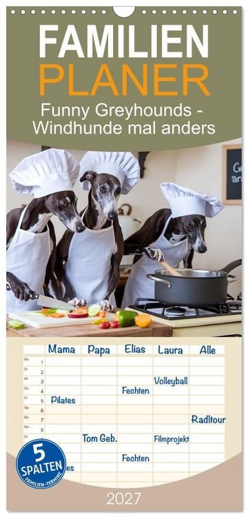 Produktbild: Familienplaner 2027 - Funny Greyhounds - Windhunde mal anders mit 5 Spalten (Wandkalender, 21 x 45 cm) CALVENDO