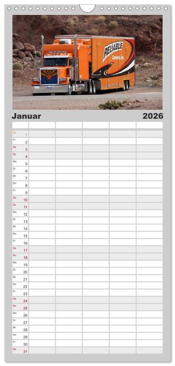 Produktbild: Familienplaner 2026 - Langhauber. Coole Trucks in den USA mit 5 Spalten (Wandkalender, 21 x 45 cm) CALVENDO