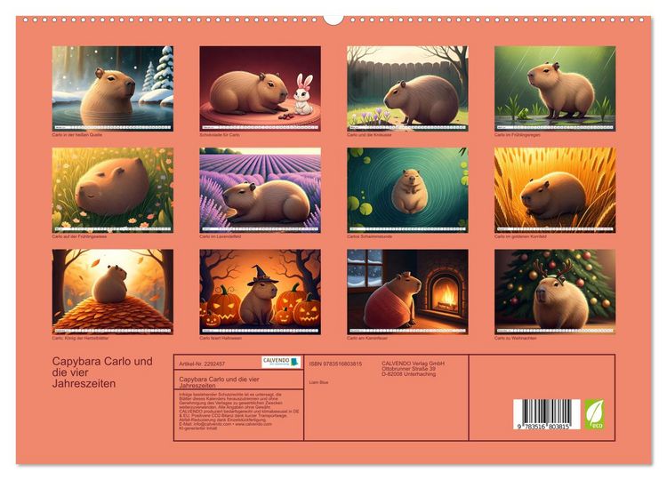 Produktbild: Capybara Carlo und die vier Jahreszeiten (hochwertiger Premium Wandkalender 2027 DIN A2 quer), Kunstdruck in Hochglanz