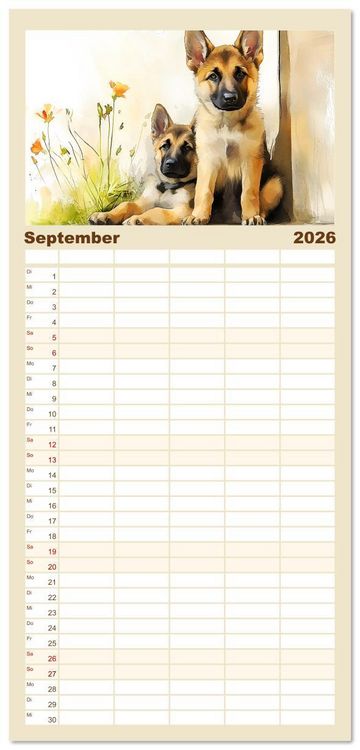 Produktbild: Familienplaner 2026 - Deutsche Sch&auml;ferhunde. Majest&auml;tische W&auml;chter im Aquarell-Stil mit 5 Spalten (Wandkalender, 21 x 45 cm) CALVENDO