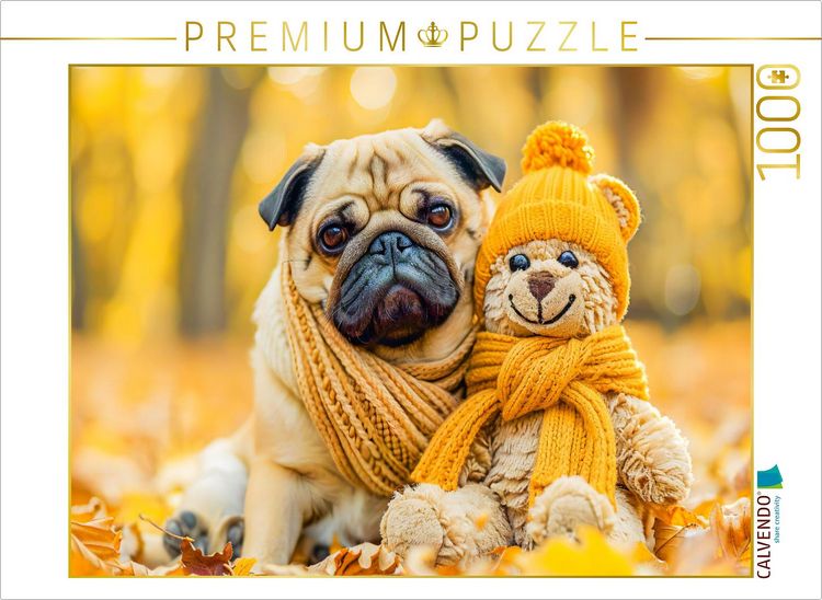 Produktbild: CALVENDO Puzzle Mops und Pl&uuml;schtierkumpel im Herbst. | 1000 Teile Lege-Gr&ouml;&szlig;e 64x48cm Foto-Puzzle f&uuml;r gl&uuml;ckliche Stunden