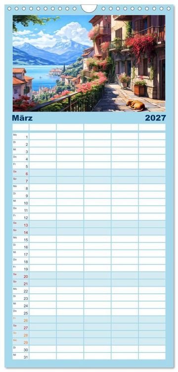 Produktbild: Familienplaner 2027 - S&uuml;dalpines Flair - Seen, Berge und Fantasiest&auml;dte mit 5 Spalten (Wandkalender, 21 x 45 cm) CALVENDO
