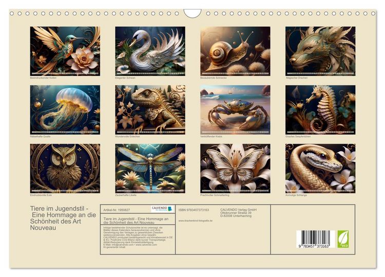 Produktbild: Tiere im Jugendstil - Eine Hommage an die Sch&ouml;nheit des Art Nouveau (Wandkalender 2026 DIN A3 quer), CALVENDO Monatskalender