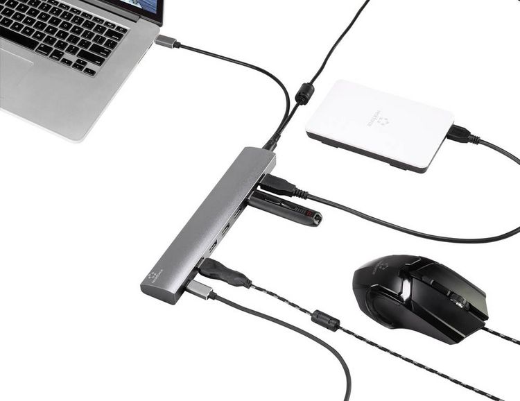 Produktbild: Renkforce RF-3374946 USB-Hub 6+1 Port USB-A USB 3.2 Gen1 5 GBit/s mit Pass-Through Stromanschluss, mit Aluminiumgeh&auml;use Silber