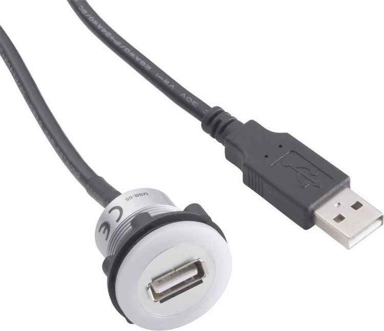 Produktbild: TRU COMPONENTS USB-05 USB-Einbaubuchse 2.0 Buchse, Einbau USB-Buchse Typ A, beleuchtet auf USB-Stecker Typ A mit 60 cm Kabel Inhalt: 1 St.