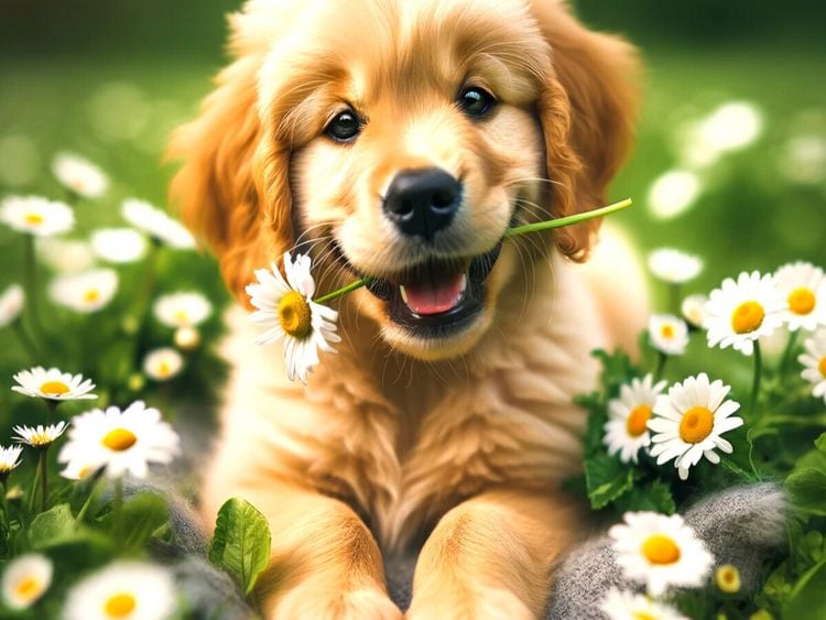 Produktbild: CALVENDO Puzzle Ein Golden Retriever-Welpe umringt von G&auml;nsebl&uuml;mchen | 1000 Teile Lege-Gr&ouml;&szlig;e 64x48cm Foto-Puzzle f&uuml;r gl&uuml;ckliche Stunden