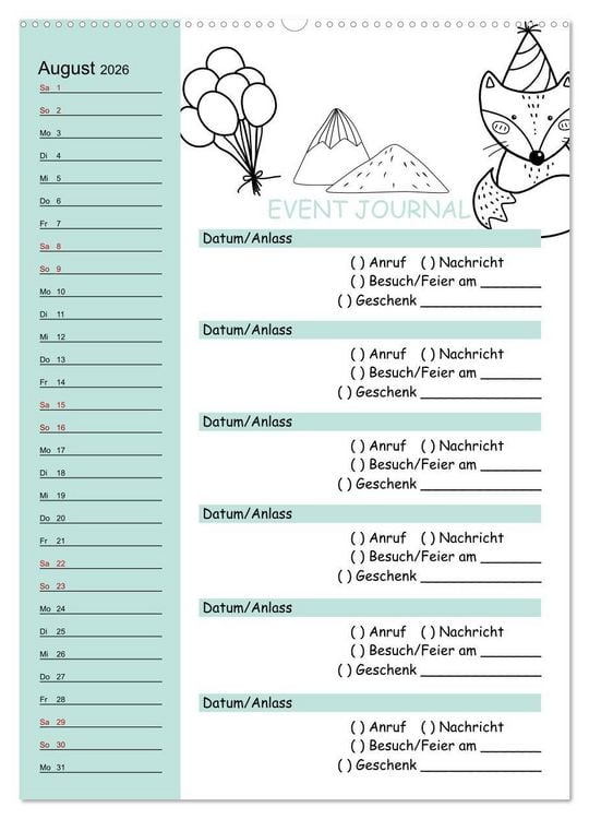 Produktbild: Geburtstagsplaner Doodle Tiere - F&uuml;r Termine, Geschenke, Eventdetails & mehr (Wandkalender 2026 DIN A2 hoch), CALVENDO Monatskalender