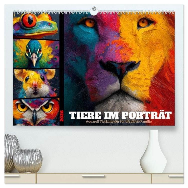 Produktbild: Tiere im Portr&auml;t - Aquarell Tierkalender f&uuml;r die ganze Familie (hochwertiger Premium Wandkalender 2026 DIN A2 quer), Kunstdruck in Hochglanz