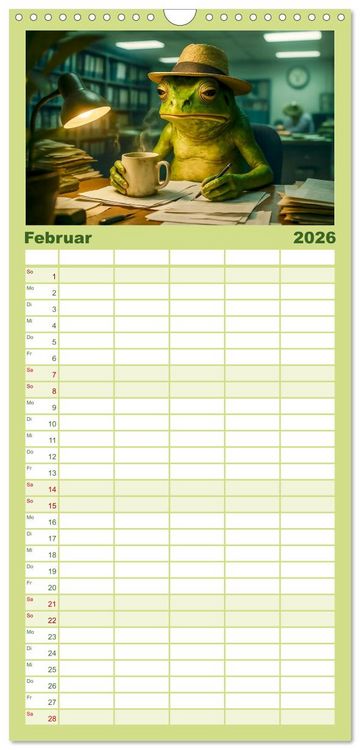 Produktbild: Familienplaner 2026 - Frosch bei der Arbeit- Dienst nach Vorschrift mit 5 Spalten (Wandkalender, 21 x 45 cm) CALVENDO
