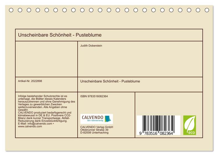 Produktbild: Unscheinbare Sch&ouml;nheit - Pusteblume (Tischkalender 2026 DIN A5 quer), CALVENDO Monatskalender
