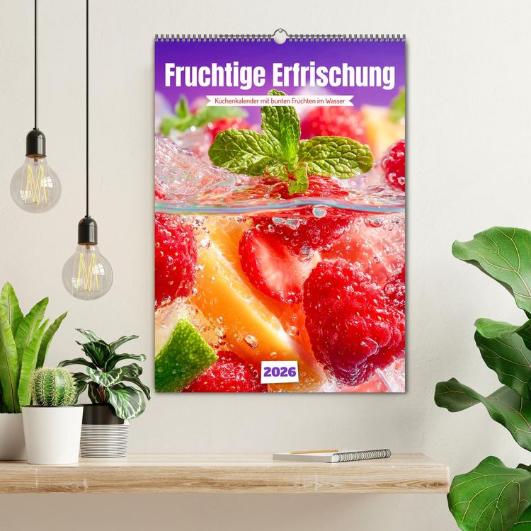 Produktbild: Fruchtige Erfrischung - K&uuml;chenkalender mit bunten Fr&uuml;chten im Wasser (Wandkalender 2026 DIN A2 hoch), CALVENDO Monatskalender