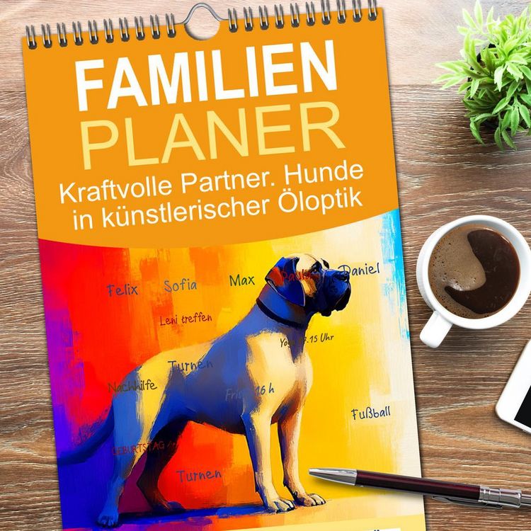 Produktbild: Familienplaner 2026 - Kraftvolle Partner. Hunde in k&uuml;nstlerischer &Ouml;loptik mit 5 Spalten (Wandkalender, 21 x 45 cm) CALVENDO