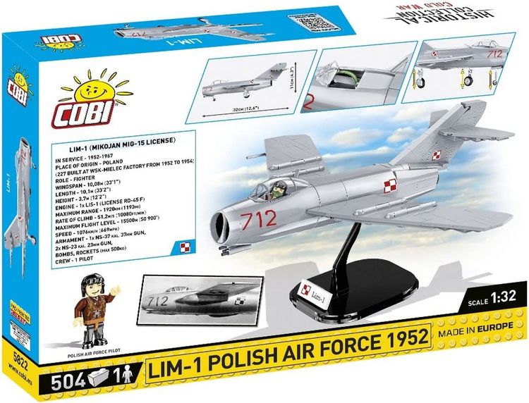Produktbild: COBI 5822 - Historical Collection, Cold War, LIM-1 POLISH AIR FORCE 1952, Kampfflugzeug, 504 Klemmbausteine, 1 Figur