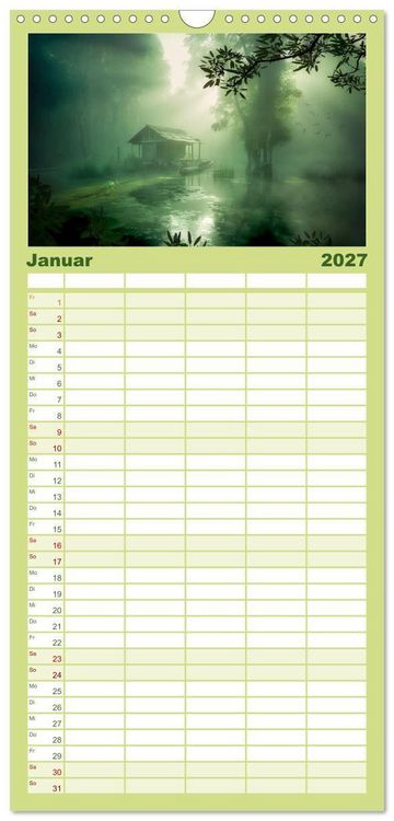 Produktbild: Familienplaner 2027 - Tr&auml;umereien in Gr&uuml;n mit 5 Spalten (Wandkalender, 21 x 45 cm) CALVENDO