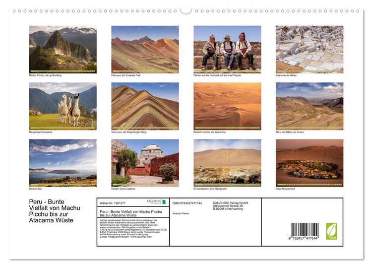 Produktbild: Peru - Bunte Vielfalt von Machu Picchu bis zur Atacama W&uuml;ste (hochwertiger Premium Wandkalender 2026 DIN A2 quer), Kunstdruck in Hochglanz