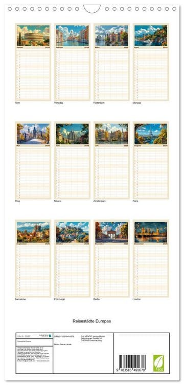 Produktbild: Familienplaner 2026 - Reisest&auml;dte Europas mit 5 Spalten (Wandkalender, 21 x 45 cm) CALVENDO