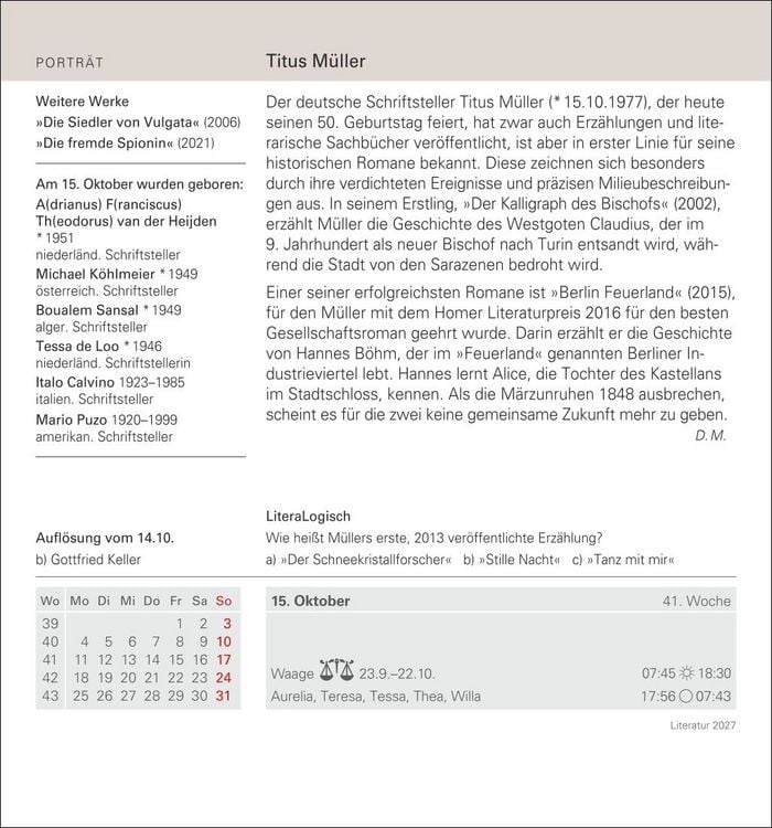 Produktbild: Literatur Tagesabrei&szlig;kalender 2027 - Kulturkalender - Autoren, Werke, H&ouml;rb&uuml;cher