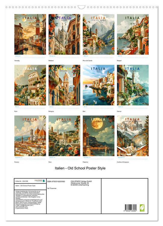 Produktbild: Italien - Old School Poster Style (Wandkalender 2026 DIN A2 hoch), CALVENDO Monatskalender