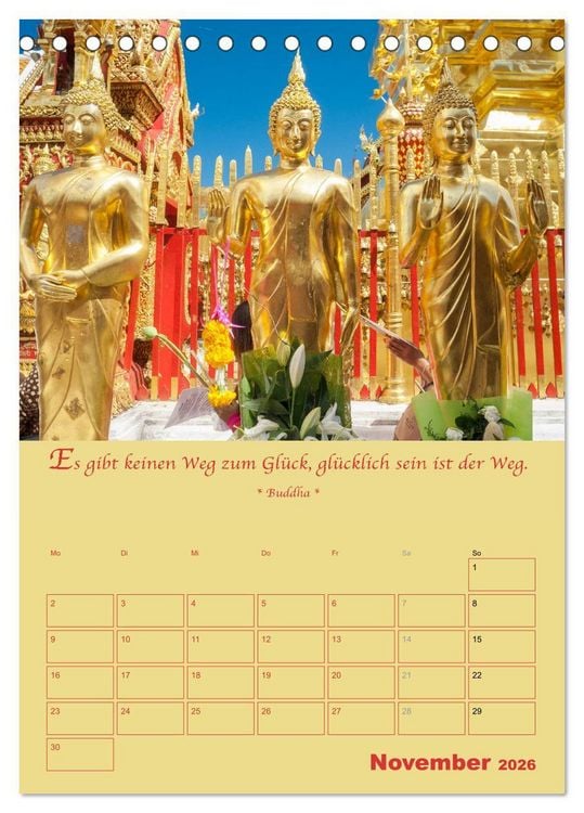 Produktbild: BUDDHA IN GOLD - Mit buddhistischen Spr&uuml;chen (Tischkalender 2026 DIN A5 hoch), CALVENDO Monatskalender