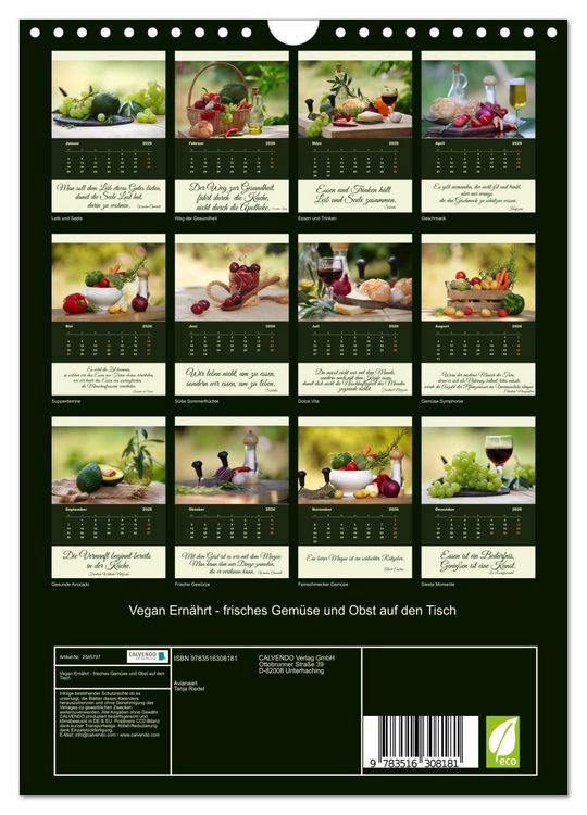 Produktbild: Vegan Ern&auml;hrt - frisches Gem&uuml;se und Obst auf den Tisch (Wandkalender 2026 DIN A4 hoch), CALVENDO Monatskalender