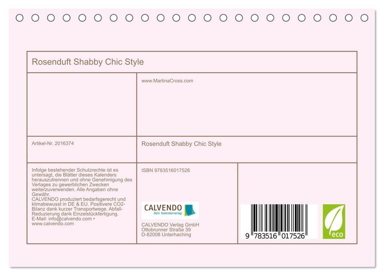 Produktbild: Rosenduft Shabby Chic Style (Tischkalender 2026 DIN A5 quer), CALVENDO Monatskalender