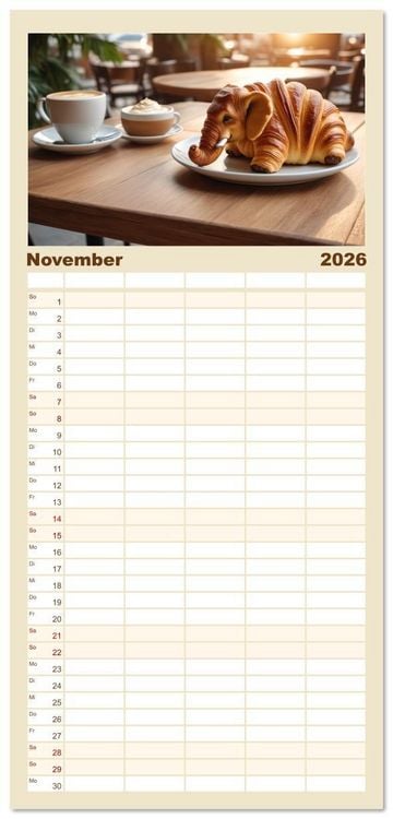 Produktbild: Familienplaner 2026 - Tierische Croissants mit 5 Spalten (Wandkalender, 21 x 45 cm) CALVENDO