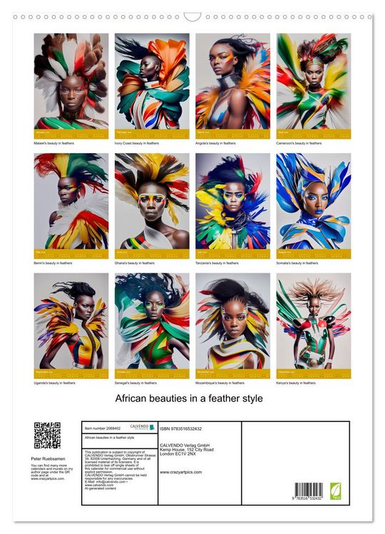 Produktbild: African beauties in a feather style (Wall Calendar 2026 DIN A2 portrait), CALVENDO 12 Month Wall Calendar