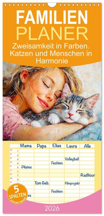 Produktbild: Familienplaner 2026 - Zweisamkeit in Farben. Katzen und Menschen in Harmonie mit 5 Spalten (Wandkalender, 21 x 45 cm) CALVENDO